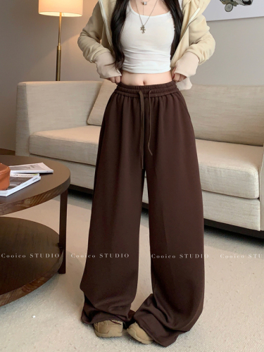 Lazy gray casual pants, autumn sweatpants, women's high-waisted straight pants, wide-leg pants, long trousers, drapey floor-length pants