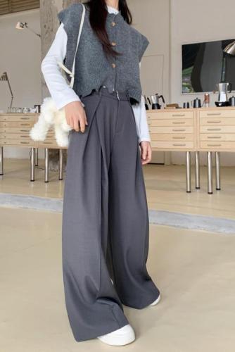 High-end suit pants, casual pants, women's spring black pants, wide-leg pants, loose high-waisted drapey floor-length pants