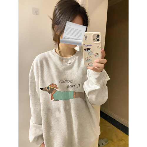 CVC cotton pasta wool Chinese cotton composite/milk silk 300g silver fox velvet 400g front printed round neck sweatshirt for women