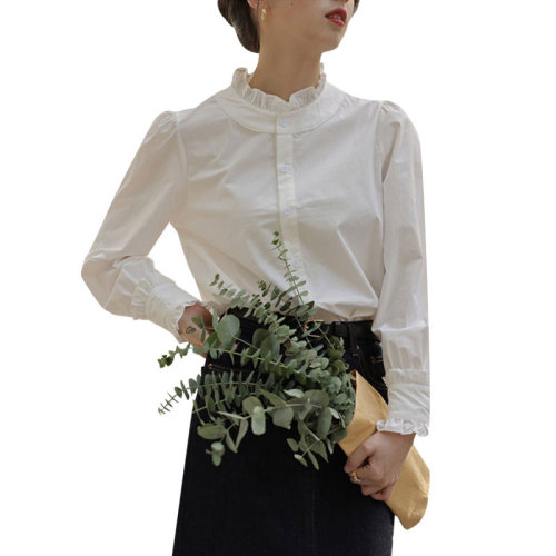 French white shirt top for women spring and autumn new niche design high-end doll stand-up collar shirt