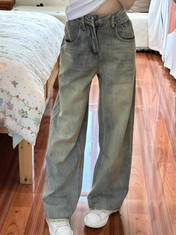 Distressed wide-leg jeans for women 2024 new style high-waisted loose slimming straight-leg raw edge floor-length mopping pants