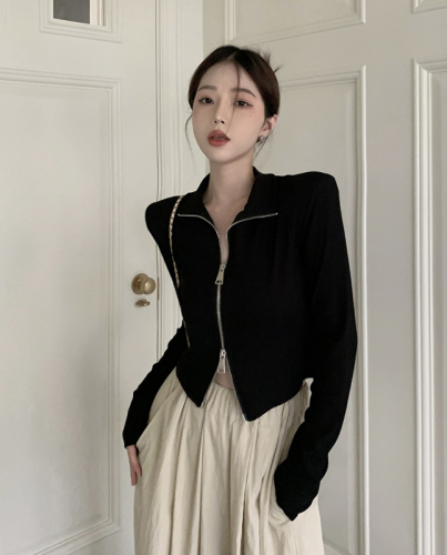 New chic zipper cardigan lapel long-sleeved T-shirt for women autumn short slim fit and stylish top