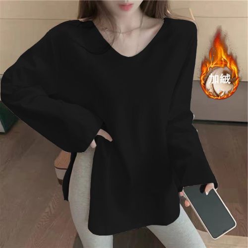 Double-sided German velvet pure cotton white V-neck bottoming shirt for women with long sleeves