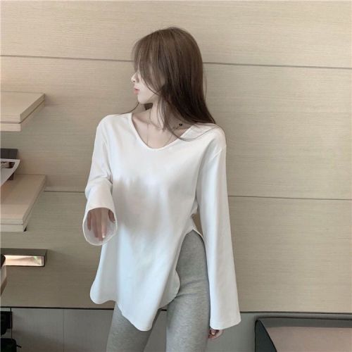 Double-sided German velvet pure cotton white V-neck bottoming shirt for women with long sleeves