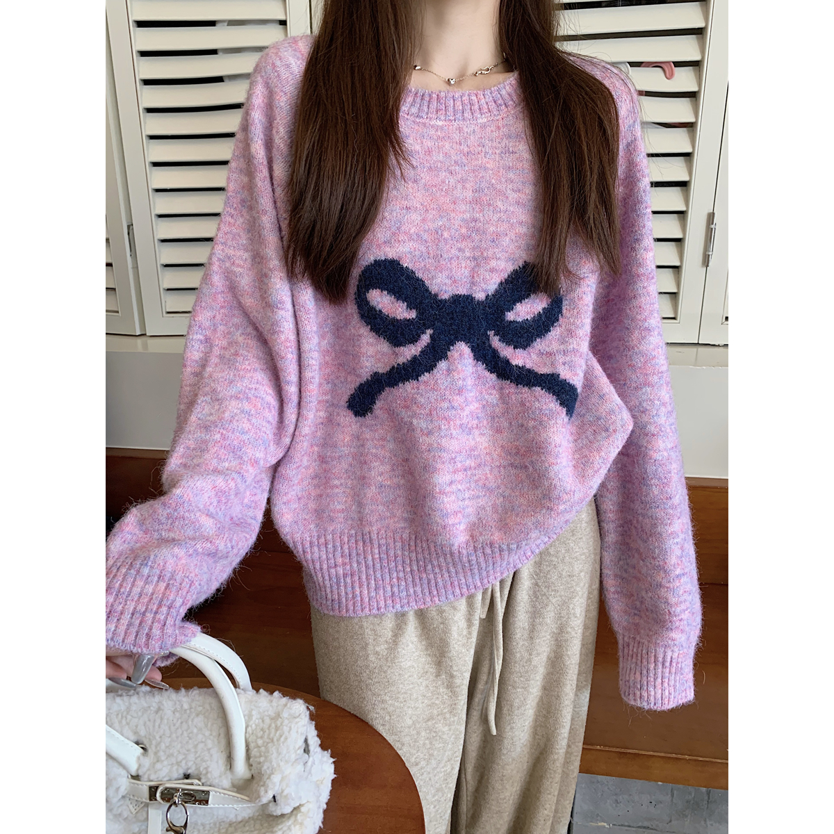 Real shot of autumn and winter Korean style loose raglan lazy bow age-reducing arctic velvet knitted long-sleeved top