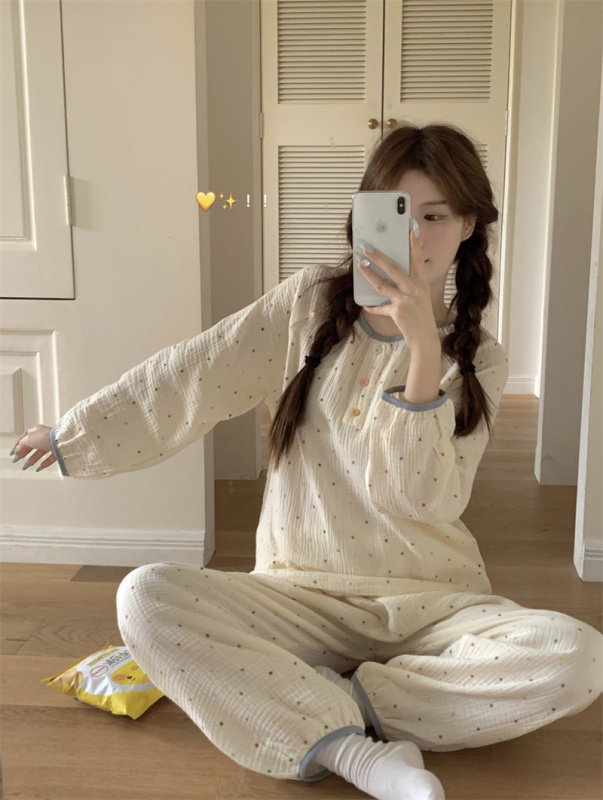 New autumn and winter pajamas for women Korean style casual polka dot pure cotton gauze long-sleeved home wear set