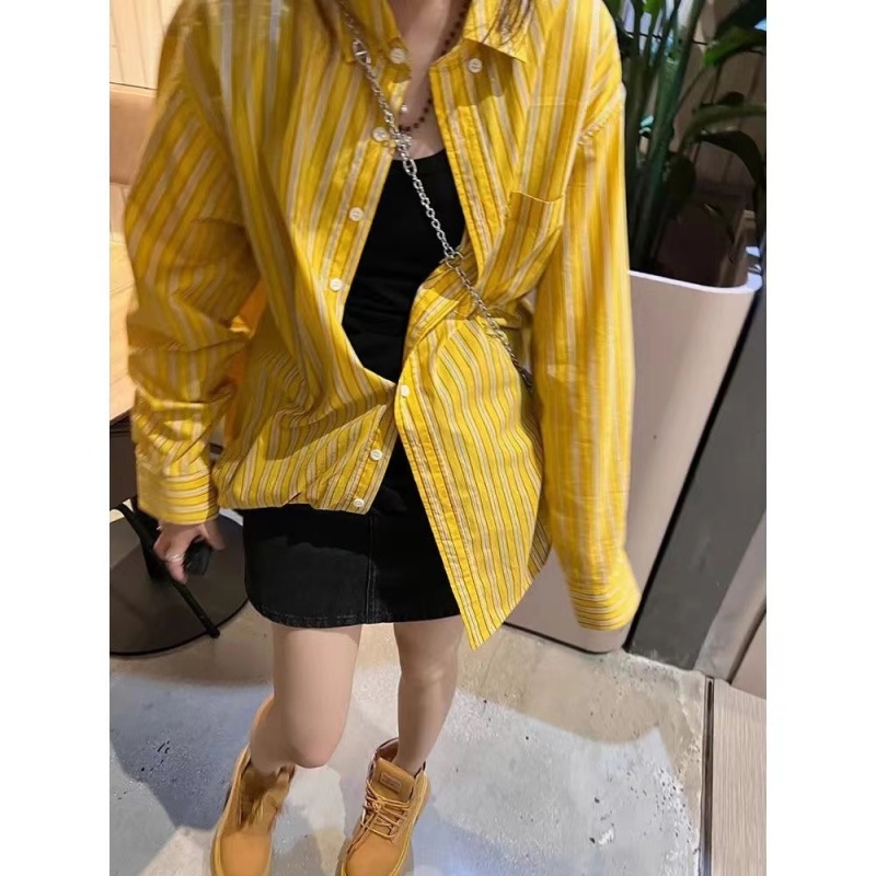 Striped polo collar long-sleeved shirt women's design niche loose casual chic top jacket