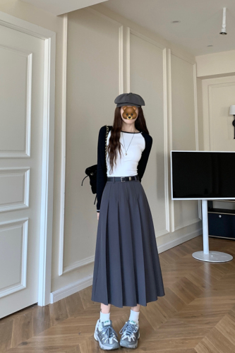 Autumn and winter new style retro high-waist slim drapey crotch-covering suit pleated skirt A-line long skirt for women