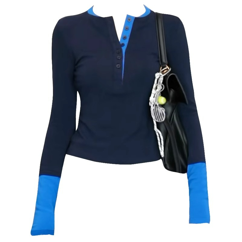 Hot girl V-neck contrasting color splicing long-sleeved T-shirt women's slim fit early autumn inner layering shirt design niche top