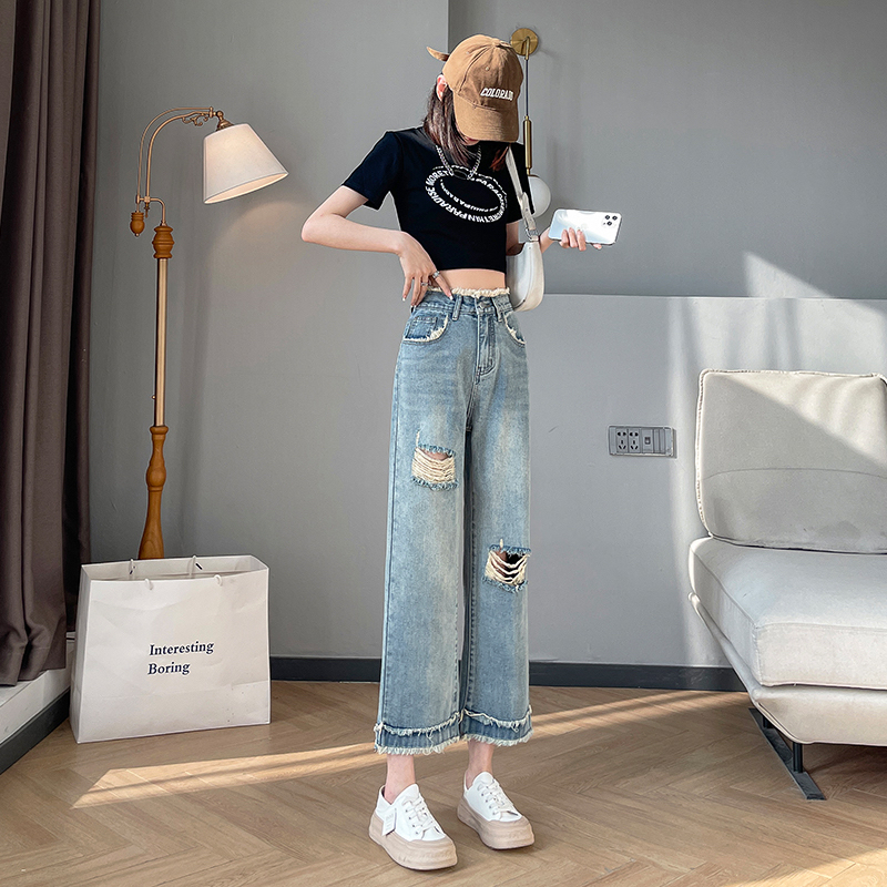 New fashionable design high-waisted ripped raw edge nine-point jeans slimming straight wide-leg pants