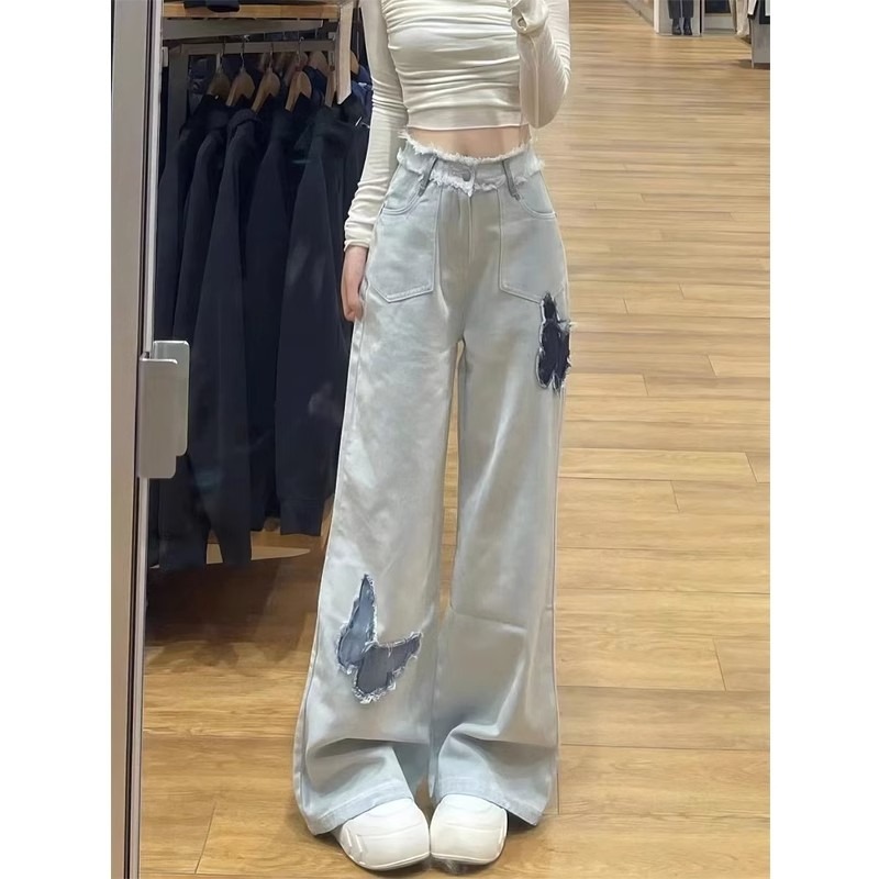 Light blue raw edge butterfly straight jeans for women in autumn new embroidered design high waist loose slimming wide leg pants