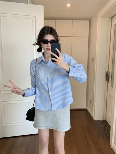 Autumn new layered short sweatshirt striped shirt lace skirt fashionable three-piece suit for women