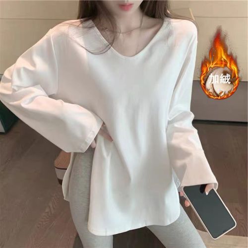 Double-sided German velvet pure cotton white V-neck bottoming shirt for women with long sleeves