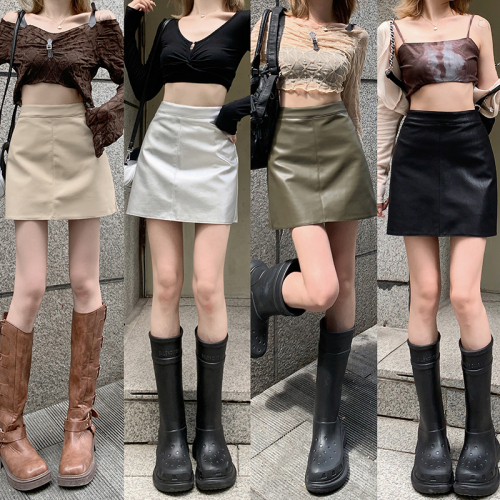 Real shot!  2024 new autumn Korean style high-waisted leather skirt half-length temperament small leather skirt one-step skirt a-line skirt PU short