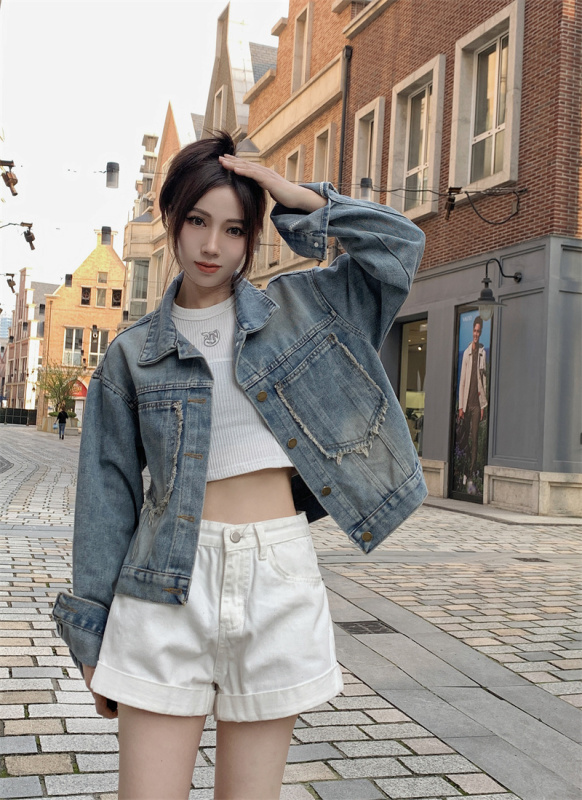 New style small fragrant denim short jacket women's loose long-sleeved retro jacket small top