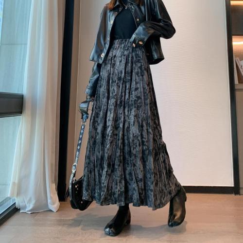 Retro New Chinese Style Printed Pleated Thickened Velvet A-Line Umbrella Skirt Women's Long Skirt Elastic Waist High Waist