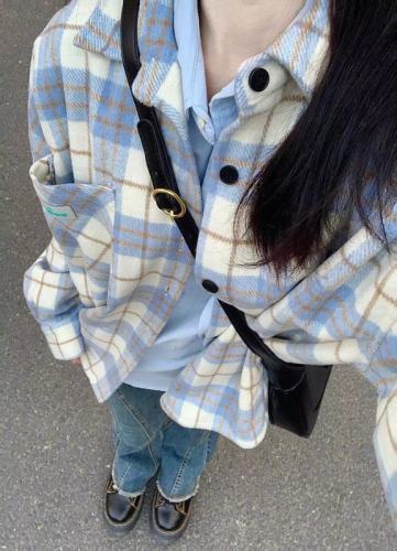 Thick woolen blue plaid shirt women's 2024 autumn new Hong Kong style chic long-sleeved top jacket