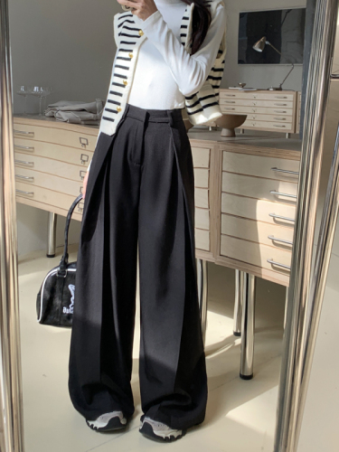 High-end suit pants, casual pants, women's spring black pants, wide-leg pants, loose high-waisted drapey floor-length pants