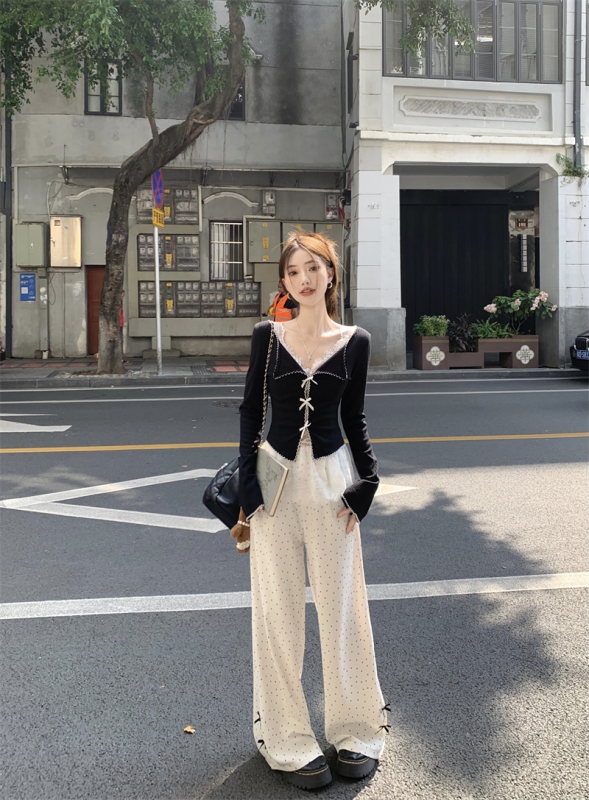 Korean style hollow bow long-sleeved sweater + lace suspenders + high-waisted polka-dot wide-leg pants