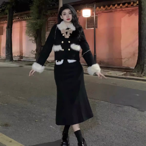 Xiaoxiangfeng suit women's winter new high-end fur collar stitching contrasting color jacket + high waist skirt two-piece set