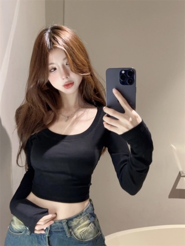 Hot girl slim fit T-shirt women's autumn tight short long-sleeved bottoming shirt outer top