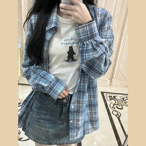 American retro blue plaid long-sleeved shirt for women spring and autumn new sun protection shirt top loose jacket summer