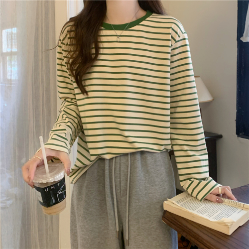 New autumn and winter loose round neck college retro pure cotton striped long-sleeved loose T-shirt bottoming shirt for women