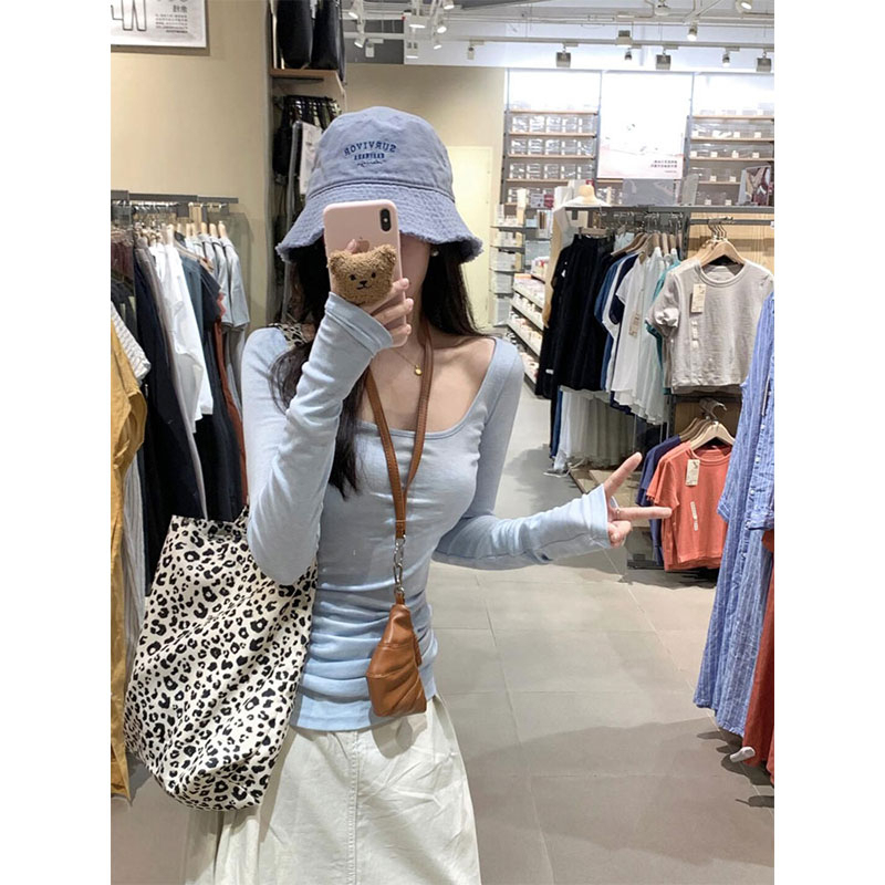 Pure desire baby blue U-neck long-sleeved T-shirt women's summer thin sun protection blouse slim waist tight hot girl top
