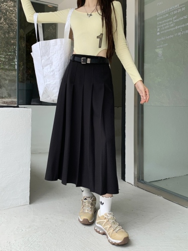 Autumn and winter new style retro high-waist slim drapey crotch-covering suit pleated skirt A-line long skirt for women