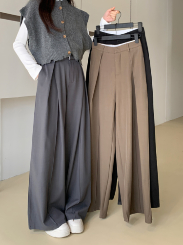 High-end suit pants, casual pants, women's spring black pants, wide-leg pants, loose high-waisted drapey floor-length pants