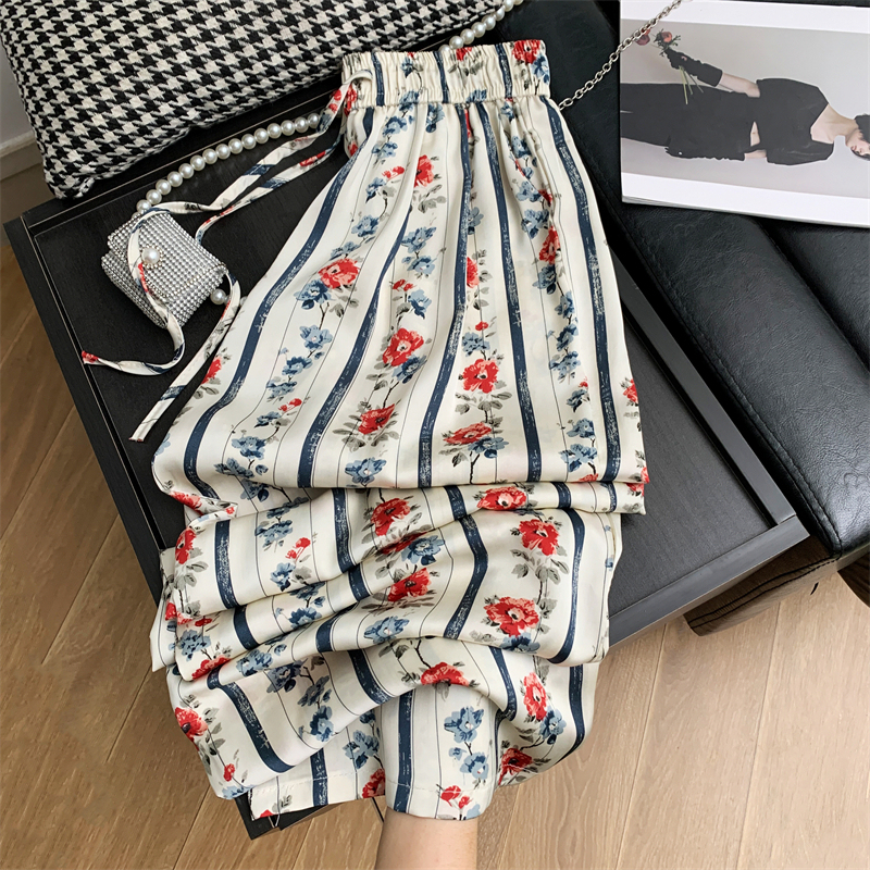 French retro lazy holiday style ice silk floral elastic waist casual wide-leg pants loose and drapey straight