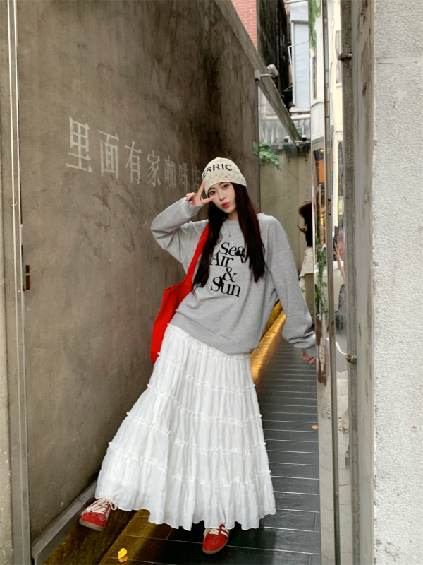 Fashionable and versatile three-dimensional bow embroidered letter sweatshirt top + French multi-layered cake skirt set