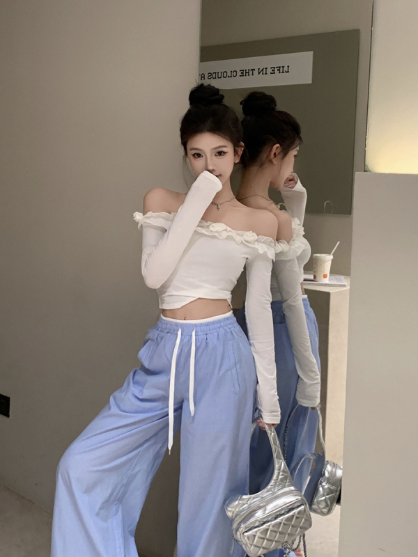 Autumn retro sexy three-dimensional flower one-shoulder long-sleeved T-shirt top + striped wide-leg casual trousers for women