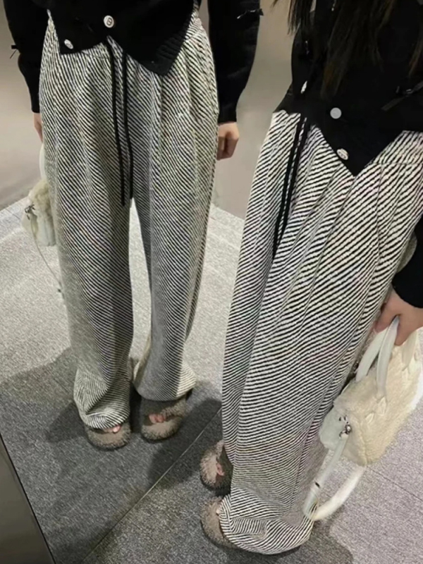 Striped pants for women 2024 new style high-waist slim and drapey loose casual straight-leg lazy wide-leg pants