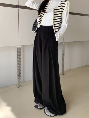 High-end suit pants, casual pants, women's spring black pants, wide-leg pants, loose high-waisted drapey floor-length pants