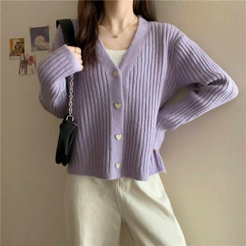 Autumn Knitted Cardigan Long Sleeve Love Button Sweater Short Women's Lazy Knitted Cardigan Jacket