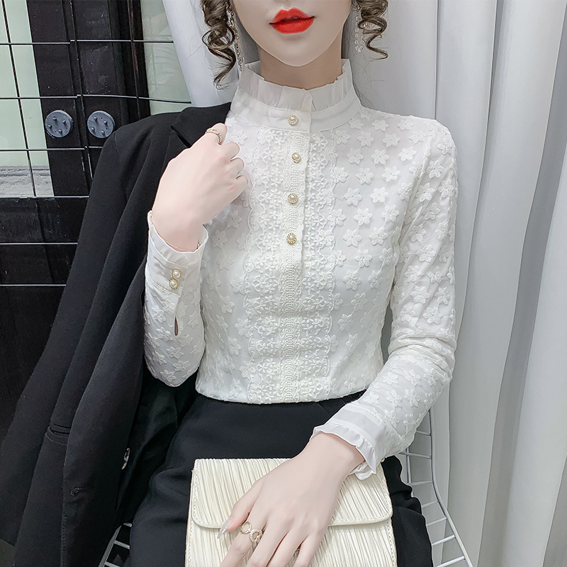 Autumn and winter stand-up collar lace shirt women's mesh embroidered long-sleeved thickened velvet bottoming shirt slim lace shirt