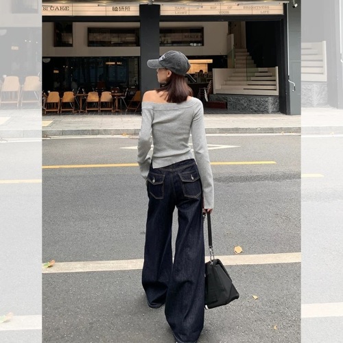 Song Zhengen gray off-shoulder off-shoulder sweater for women 2024 autumn new slim slim long-sleeved hot girl top trendy