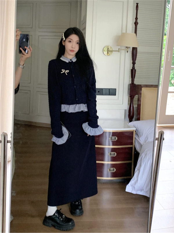 ~Fake two-piece spliced ​​long-sleeved design sweater for women + slimming slit long skirt suit