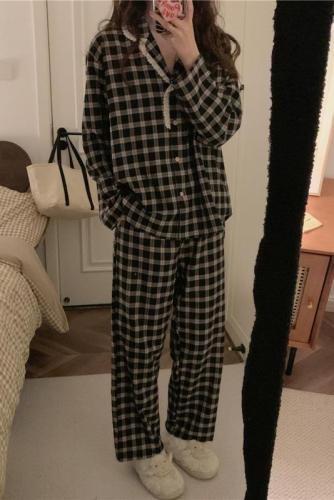 Spring and Autumn Korean style lazy plaid ins casual lapel long sleeve sweet home wear pajamas set for women