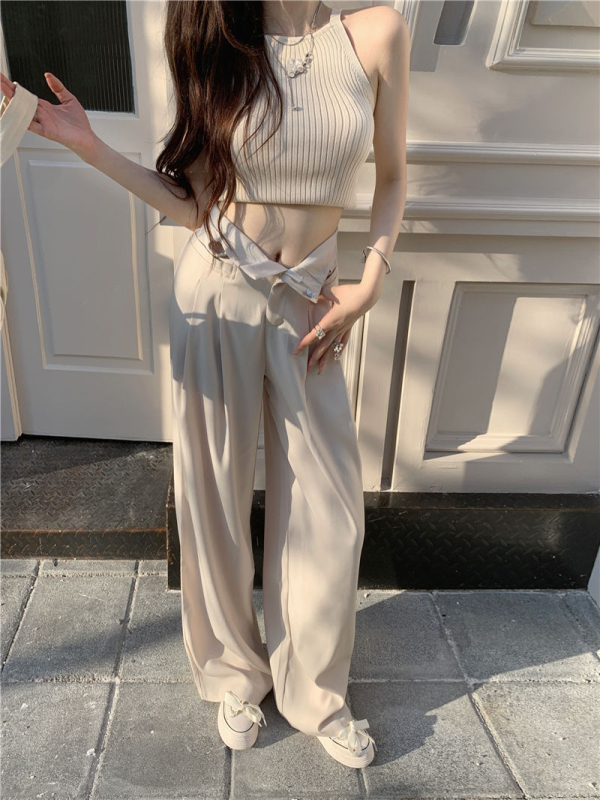 Official picture original quality autumn Korean style lace-up suit pants for small MM high-waisted straight drape suit pants for women