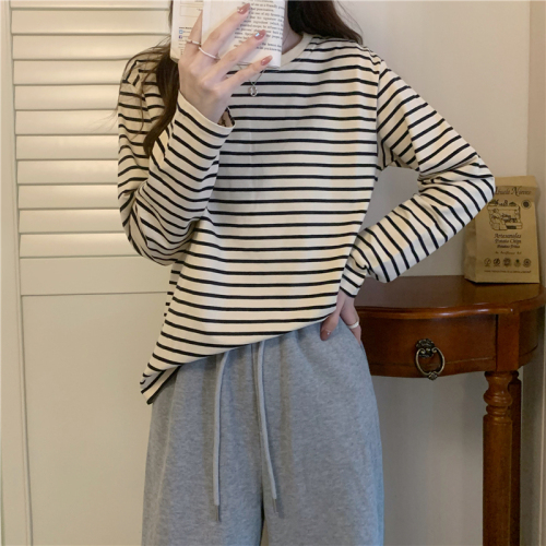 New autumn and winter loose round neck college retro pure cotton striped long-sleeved loose T-shirt bottoming shirt for women