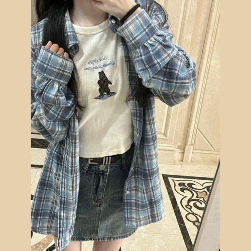 American retro blue plaid long-sleeved shirt for women spring and autumn new sun protection shirt top loose jacket summer