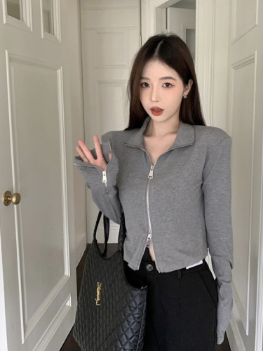 New chic zipper cardigan lapel long-sleeved T-shirt for women autumn short slim fit and stylish top