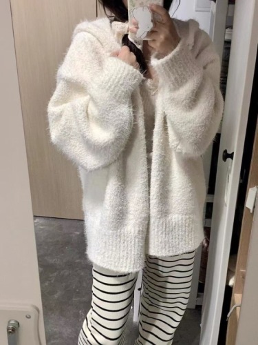 Imitation mink# Lazy style sweater cardigan coat for women autumn and winter furry loose zipper hooded sweater top