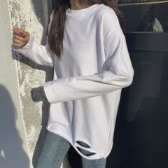 Autumn and winter new versatile long-sleeved ripped and brushed T-shirt bottoming shirt for women loose inner wear mid-length white