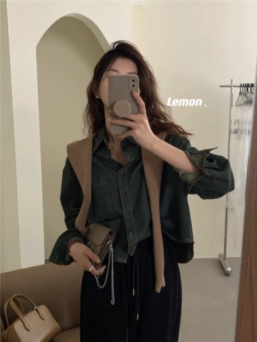 THE LEMON Lemon Green Tea Retro Dark Denim Shirt Women's Autumn Loose and Versatile Long-sleeved Shirt