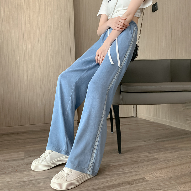Tencel jeans women's thin high-waisted loose straight ice silk floor-length wide-leg pants