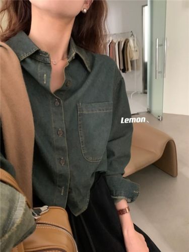 THE LEMON Lemon Green Tea Retro Dark Denim Shirt Women's Autumn Loose and Versatile Long-sleeved Shirt