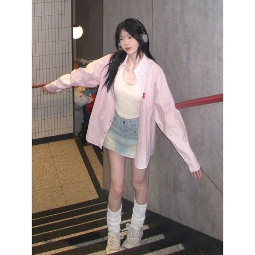 College style pink shirt for women 2024 spring and autumn contrast striped polo collar shirt jacket American loose top trendy